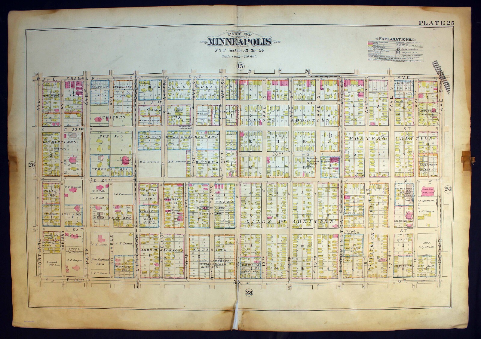 1898 Plat Map City of Minneapolis Sectional Ventura Village E Phillips Park #25