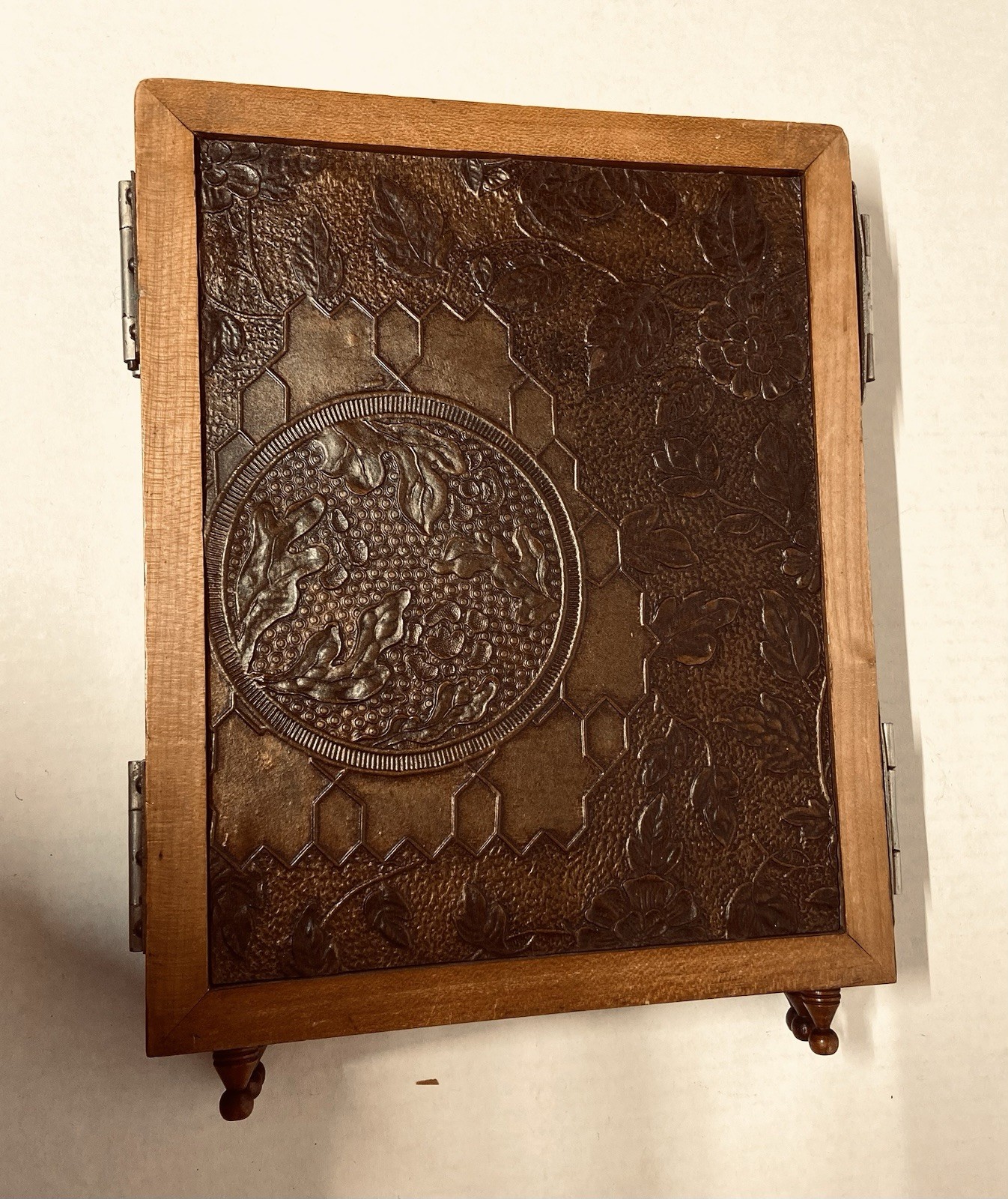 Antique Peter Wiederer Tri-Fold Shaving Mirror Embossed Floral Scenes-