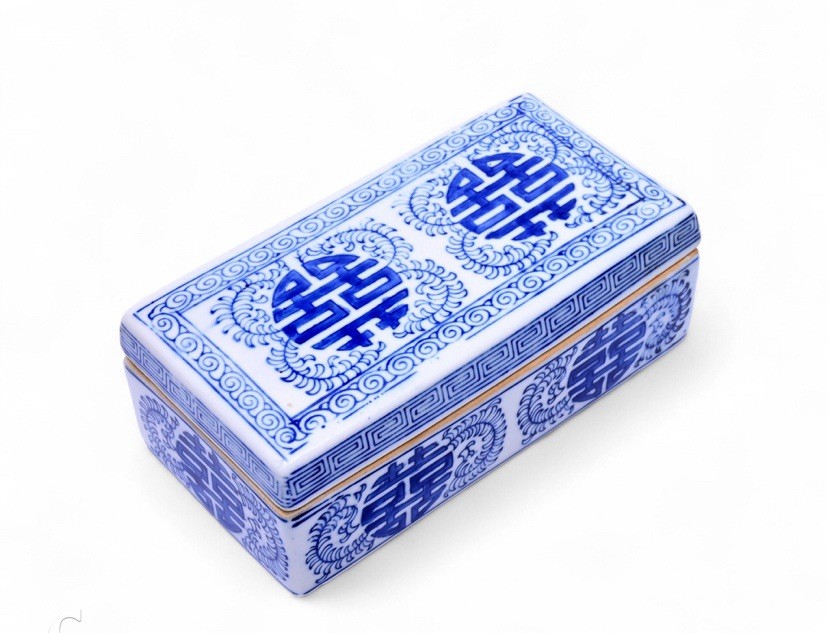 Old / Vintage Chinese Porcelain Box – Double Happiness – Greek Key Design