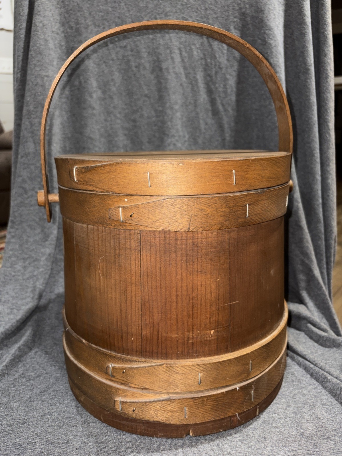 Firkin Bucket 9.75″ High & Wide Swing Handle Bentwood Bands Vintage w/Lid