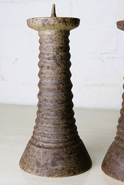 Pair Vintage Chinese Temple Candlesticks Heavy Ceramic Stoneware 20th Century