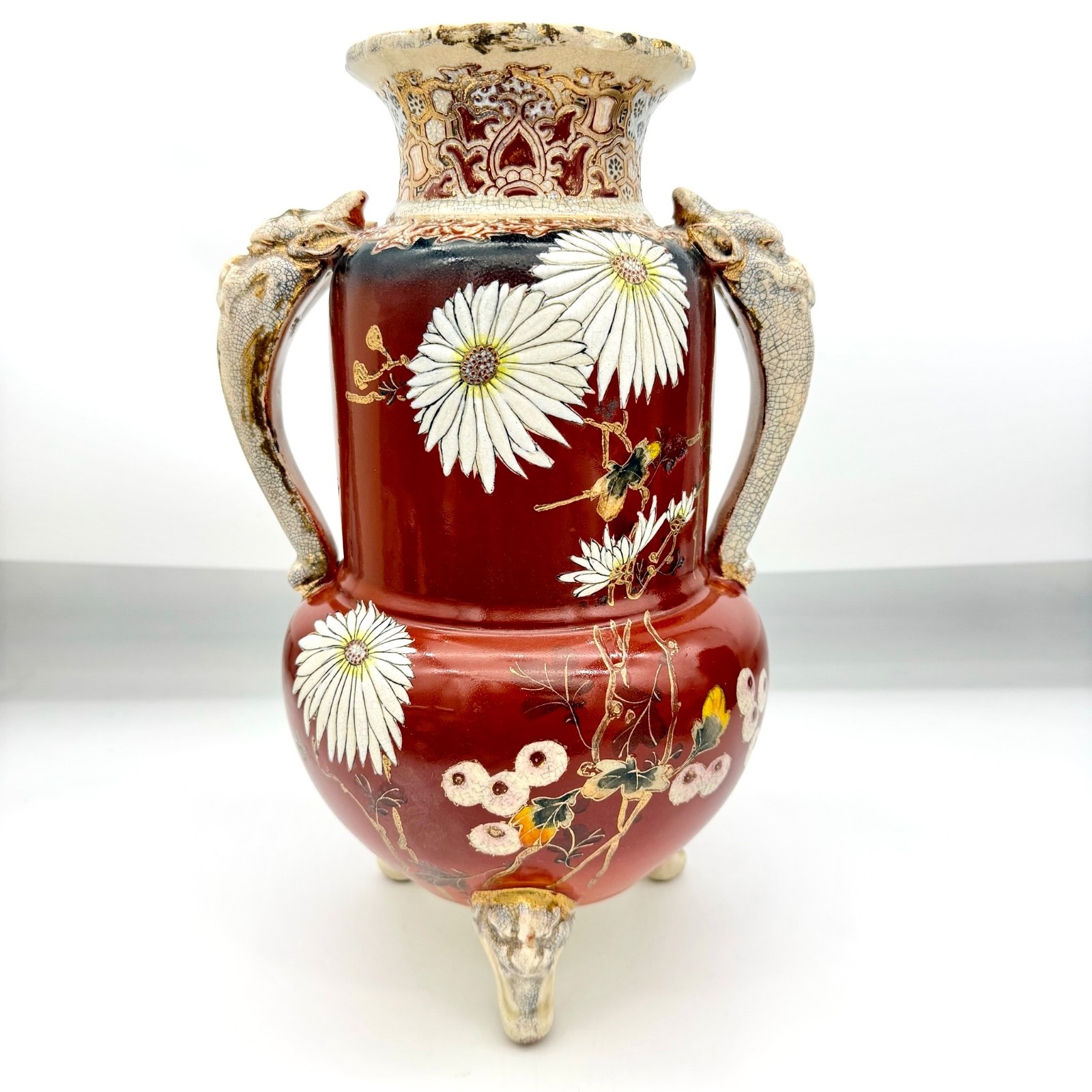 Antique Japanese Satsuma Ceramic Vase Red Chrysanthemum Bird Foo Dog Handle