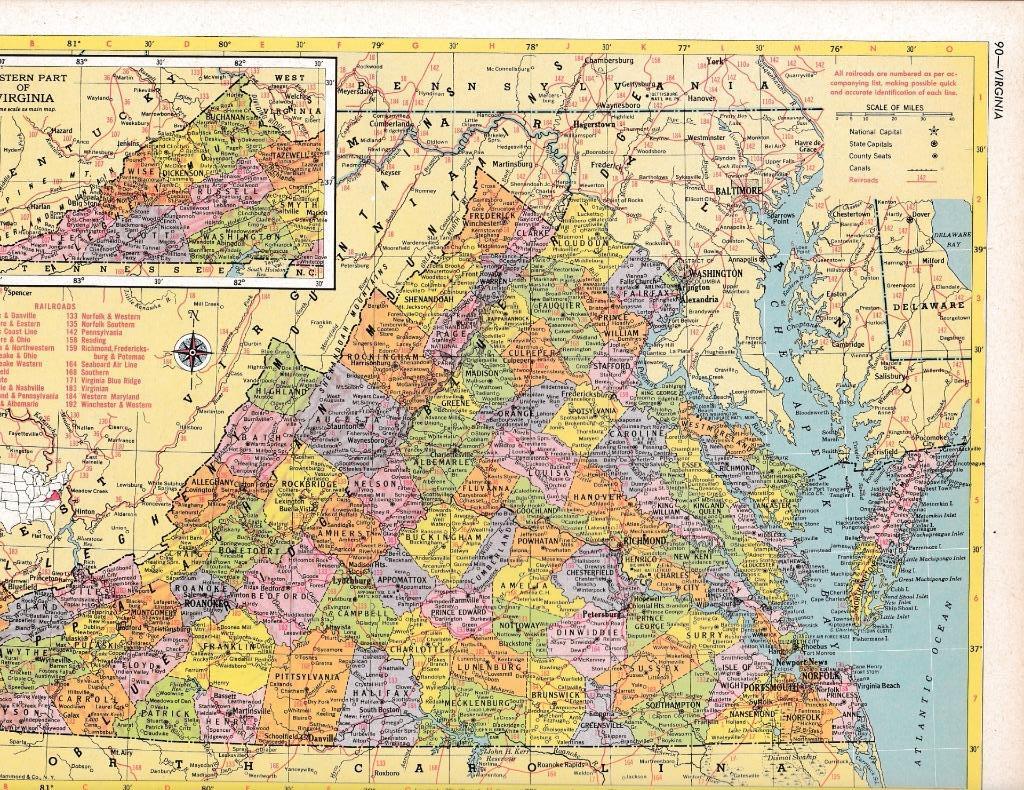 1953 Vintage Virginia State Map / 9×12 Great For Wall Art / 70+ years old