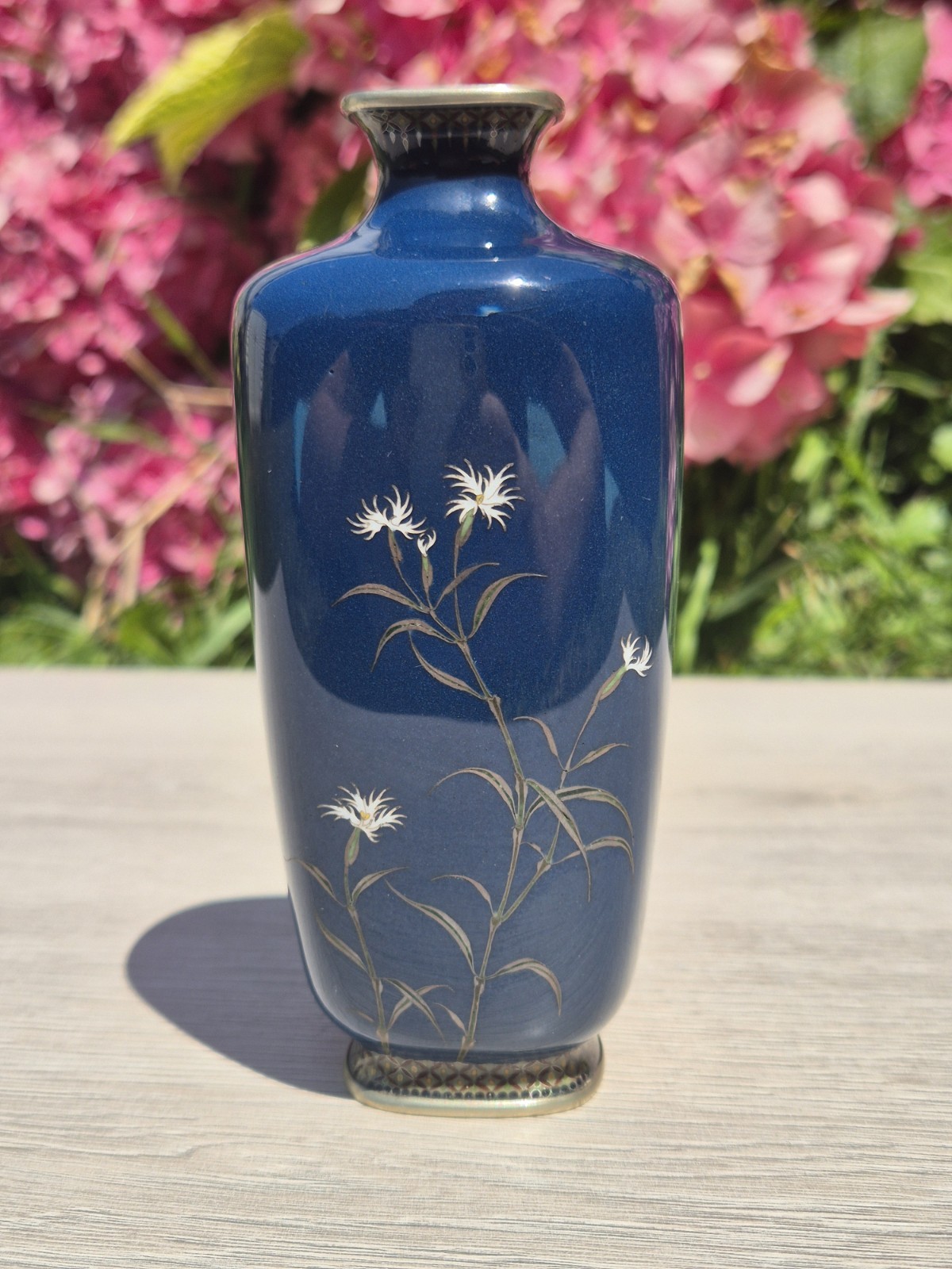 Fine Japanese Cloisonne Vase – Hayashi Kodenji – Royal Blue Ground with Dianthus