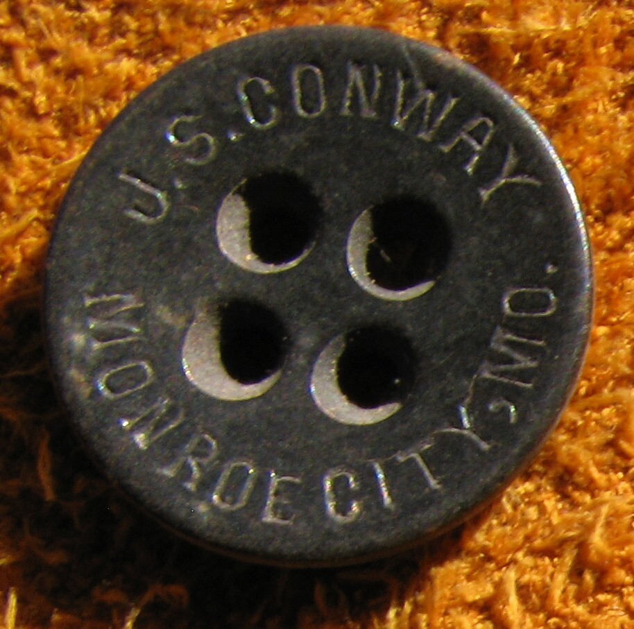 J. S. Conway Monroe City, Missouri Early 1900’s Clothing Button 11/16″ Diameter
