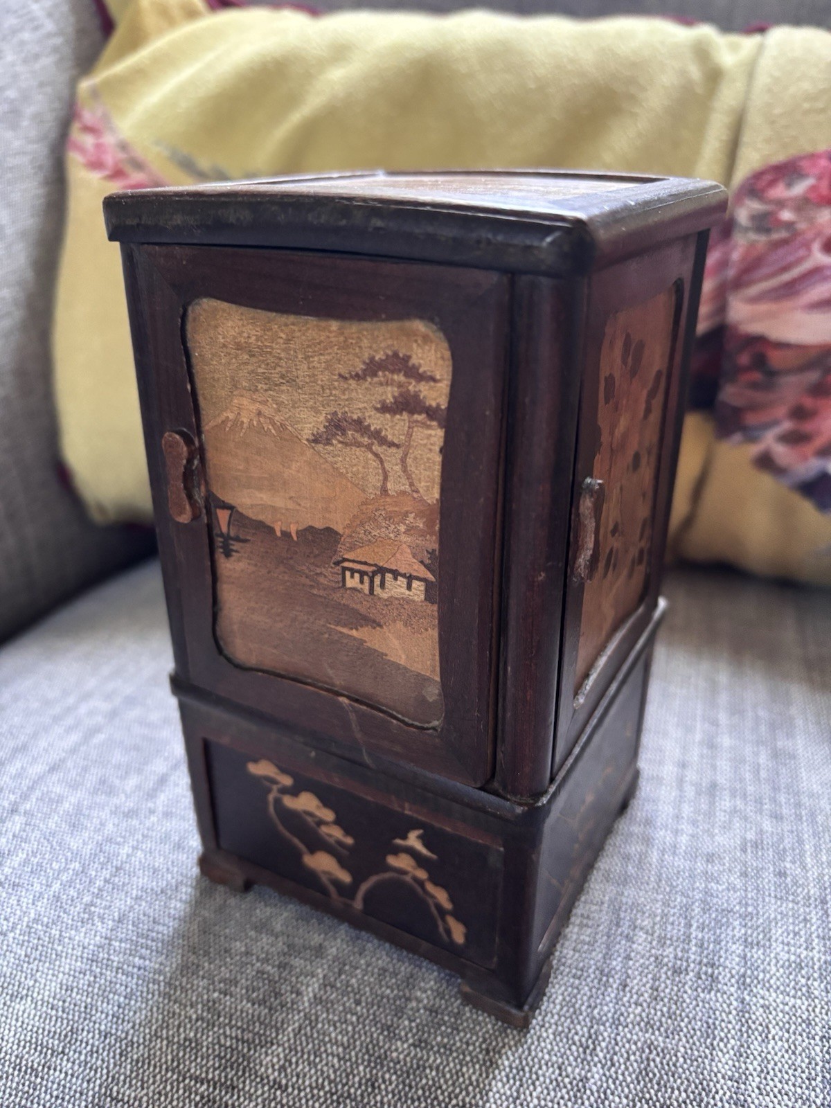 Vintage Japanese Hakone Yosegi Marquetry Smokers Cabinet Puzzle Box c1930s