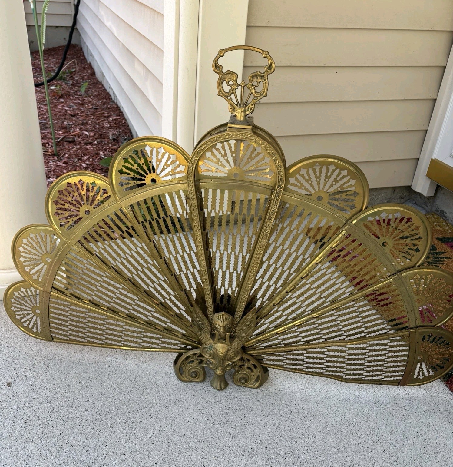 Vintage Brass Peacock Fireplace Folding Fan Screen Art Deco Griffin Rare Handle