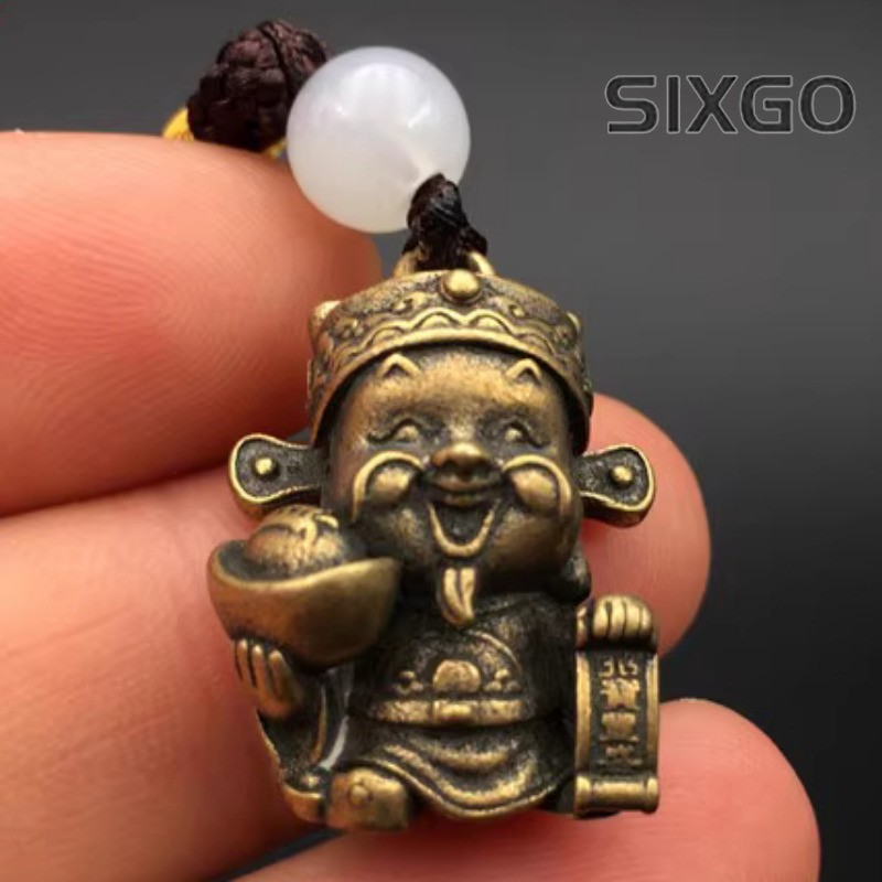 2.4cm Retro Solid Brass Carving God of Wealth Pendant Key Chain Ornament