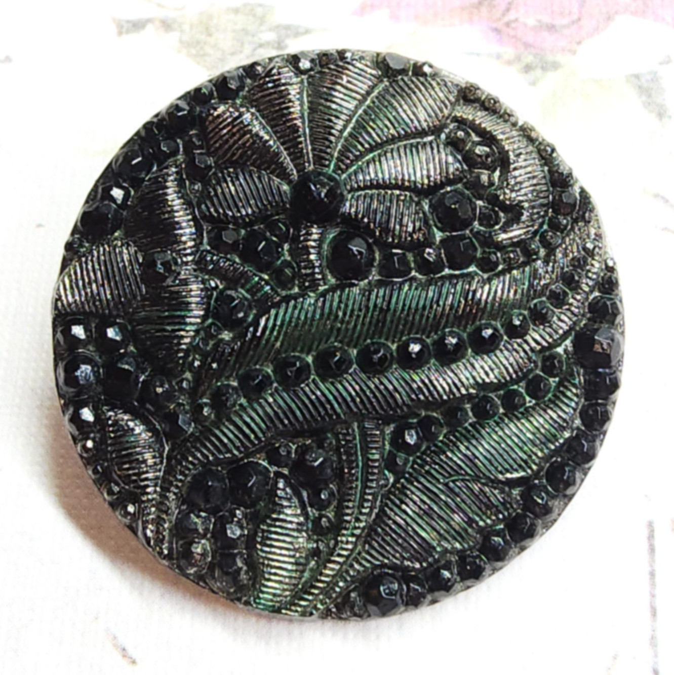 Antique Lacy Style Black Glass Flower Picture Button Iridescent Luster ~ 1-1/16″