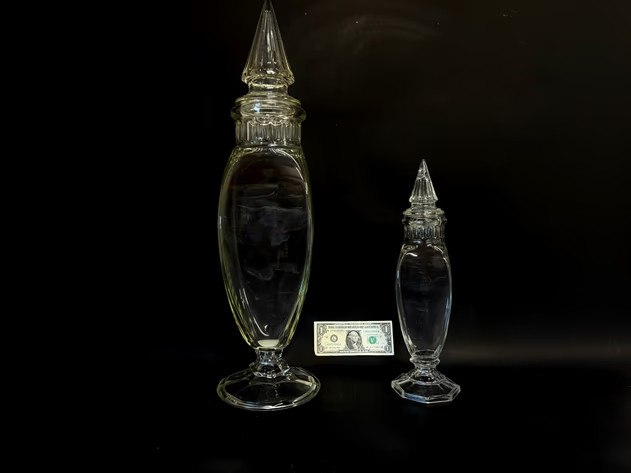 Antique WHEATON Apothecary TALL 19″ “Genie Bottles” Towering Spiral Lids 1920’s