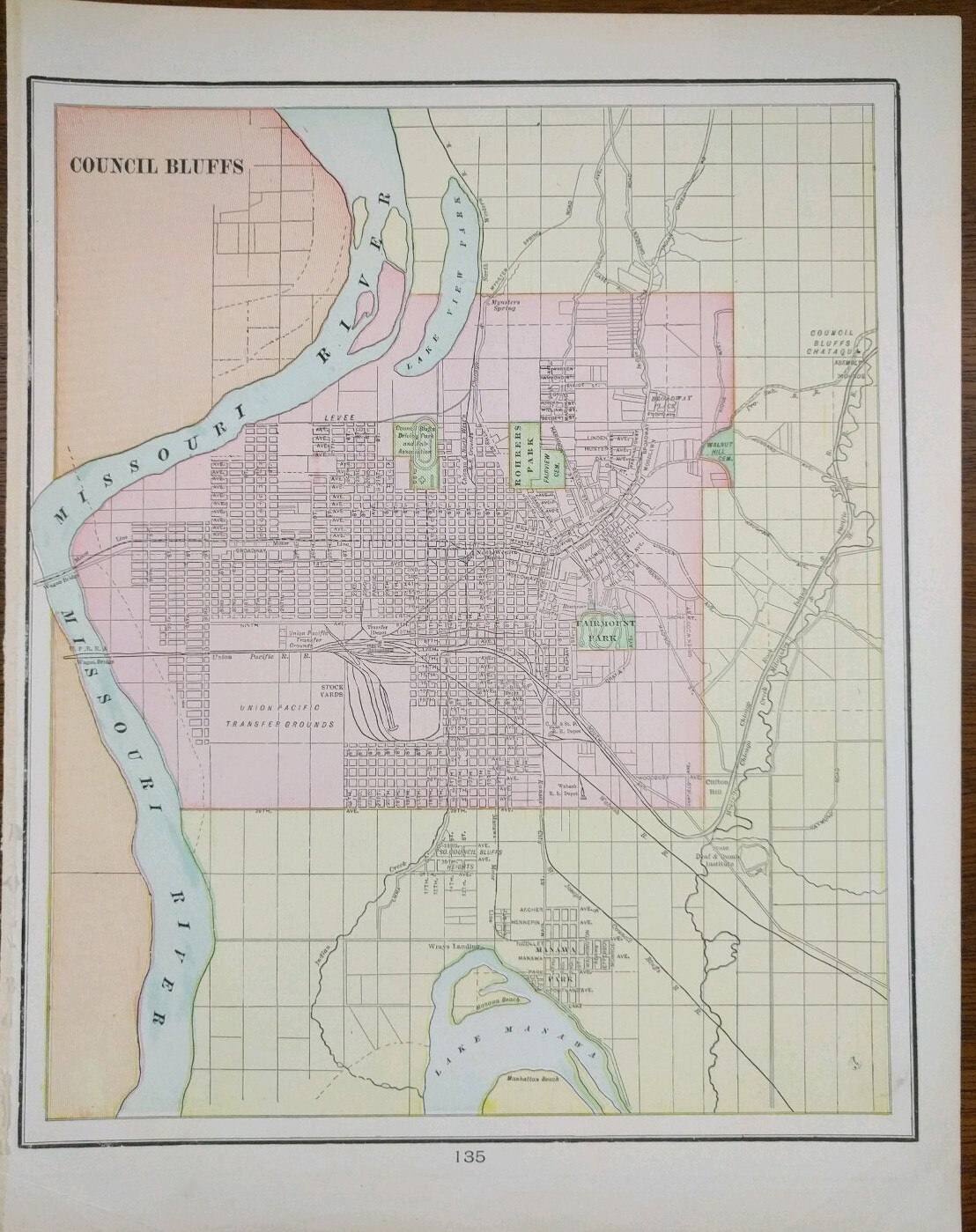 Vintage 1900 COUNCIL BLUFFS IOWA Map 11″x14″ ~ Old Antique CHAUTAUQUA OMAHA