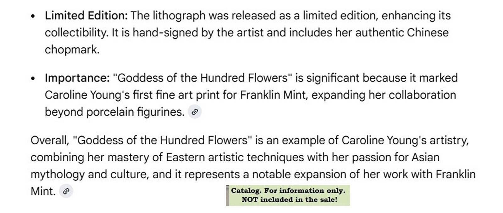 Signed Franklin Mint Goddess Hundred Flowers Caroline Young Limited Edition COA