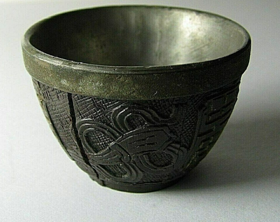 CHINESE COCONUT SHELL PEWTER TEACUP TEA CUP Qing Dynasty China Asia ca1800s USED