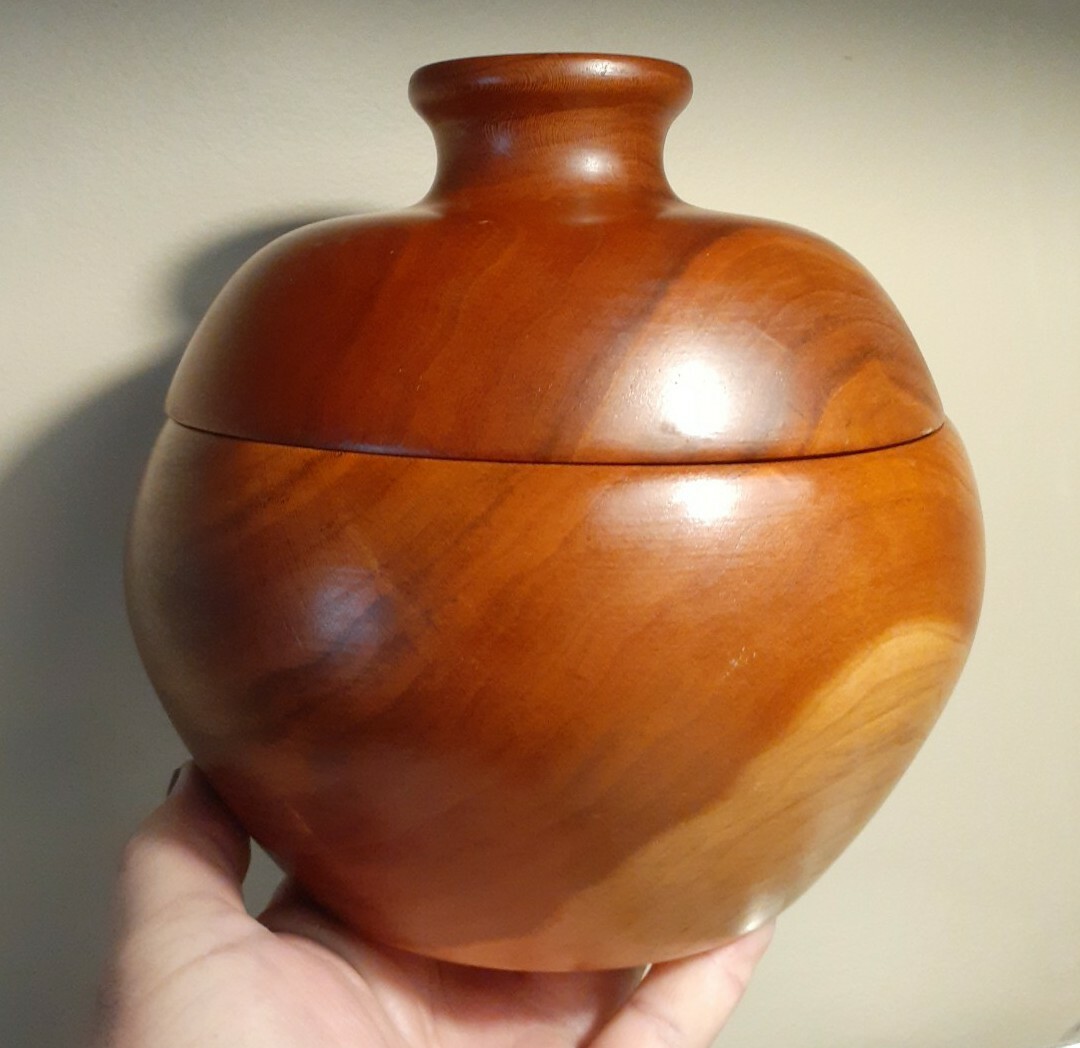 Wood turning carved treen sugar spice treenware bowl lid dish canister 7″ burl