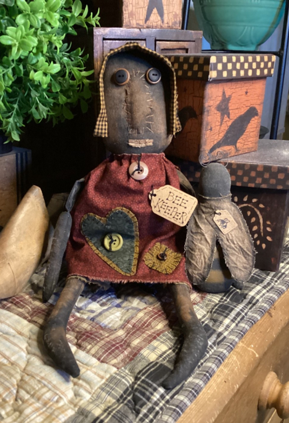 Primitive BLACK DOLL & BEE Handmade OOAK Signed & Dated THREADBARE PRIMITIVES