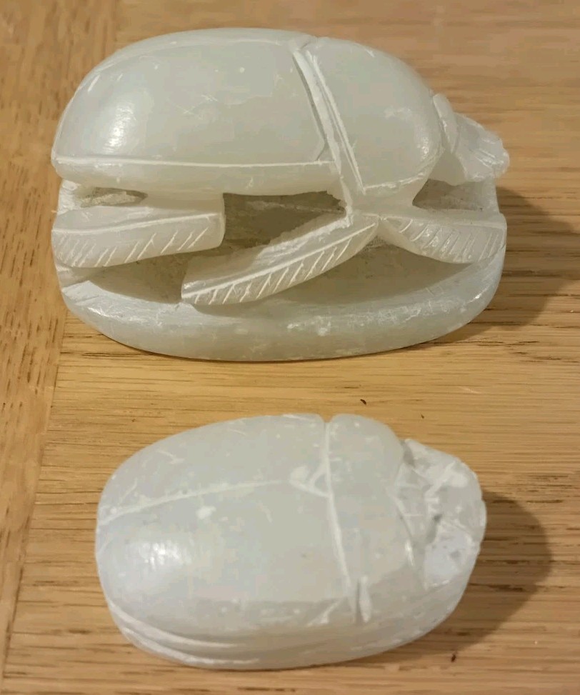 A Pair Of Unmatched Vintage Soapstone Egyptian Scarab Beetles With Hieroglyphics