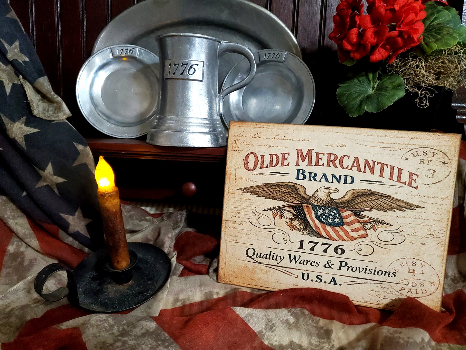 VINTAGE PRIMITIVE COLONIAL STYLE PATRIOTIC 1776 OLDE MERCANTILE STORE USA SIGN