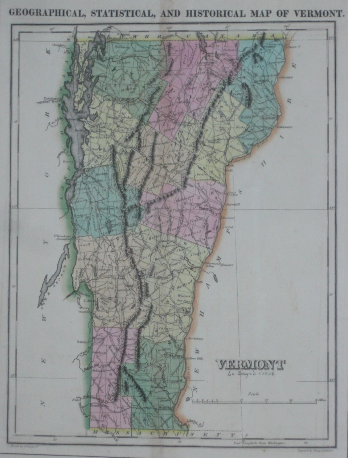 Original 1826 Fielding Lucas, Jr. Map VERMONT Carey & Lea Wagon Roads Mountains