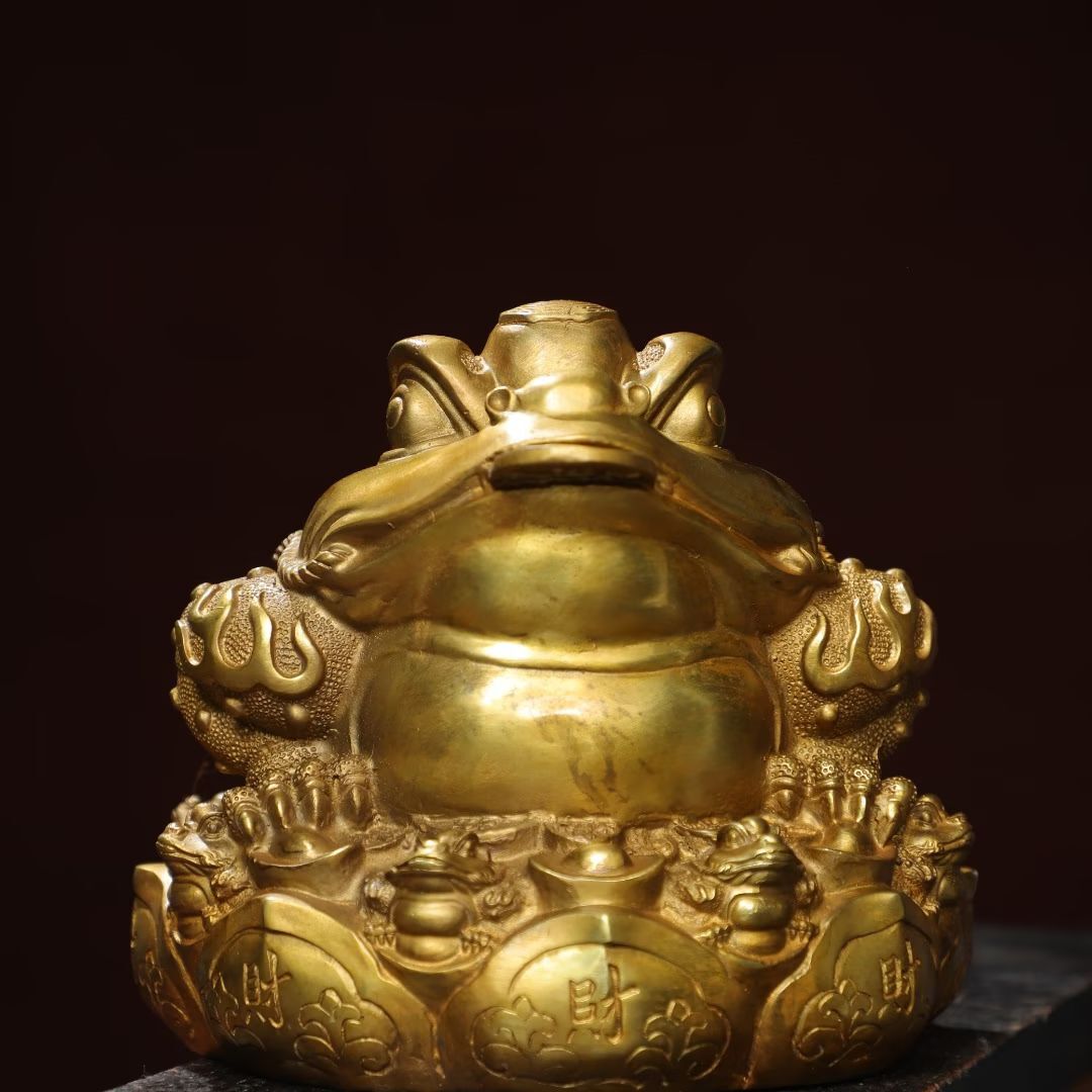 11″ China Antique Qing dynasty Bronze gilt qianlong mark treasure Toad statue