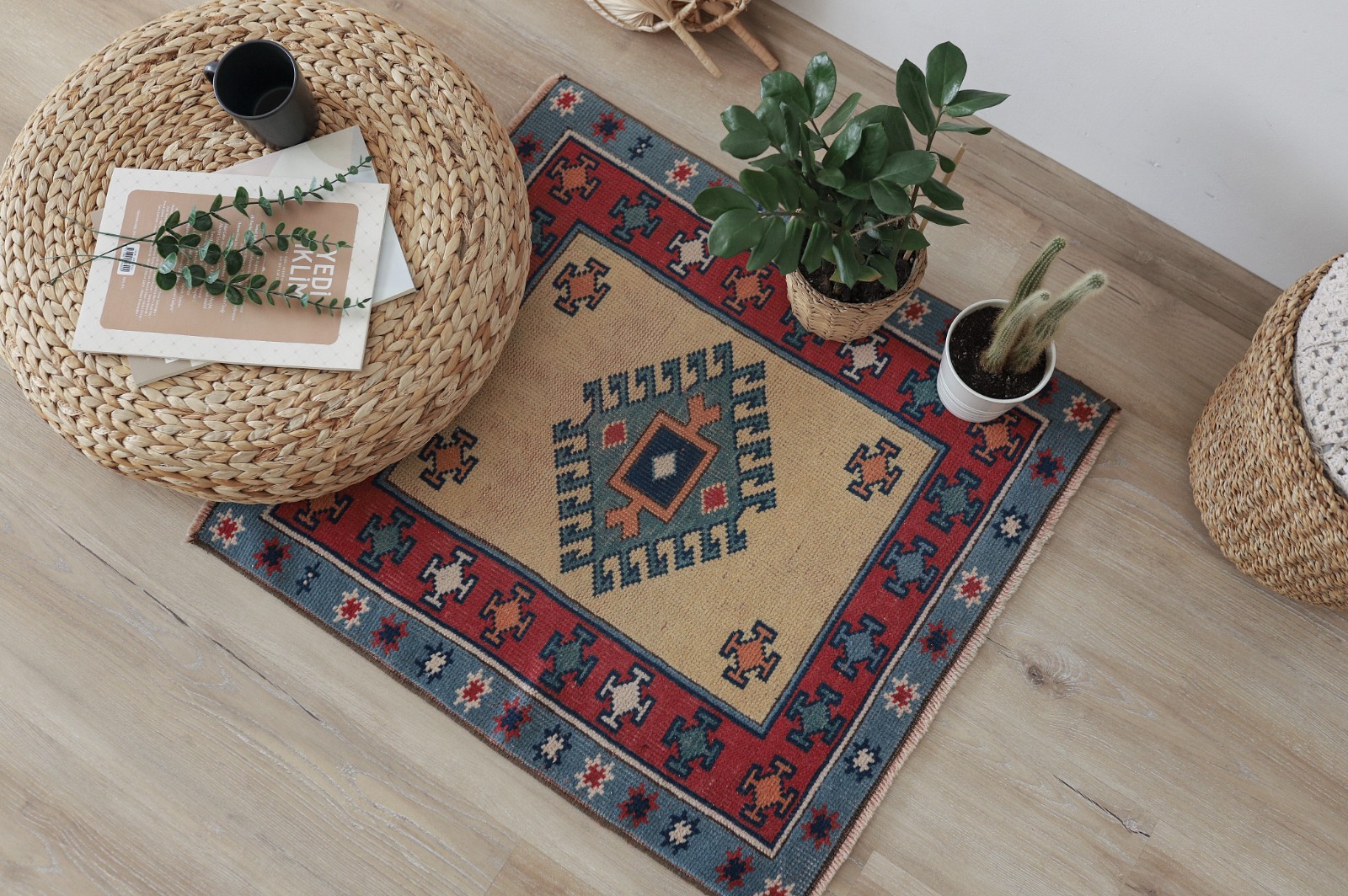 2×3 ft Vintage Turkish Small Rug Hand Knotted Coral Oushak Accent Rug Mat