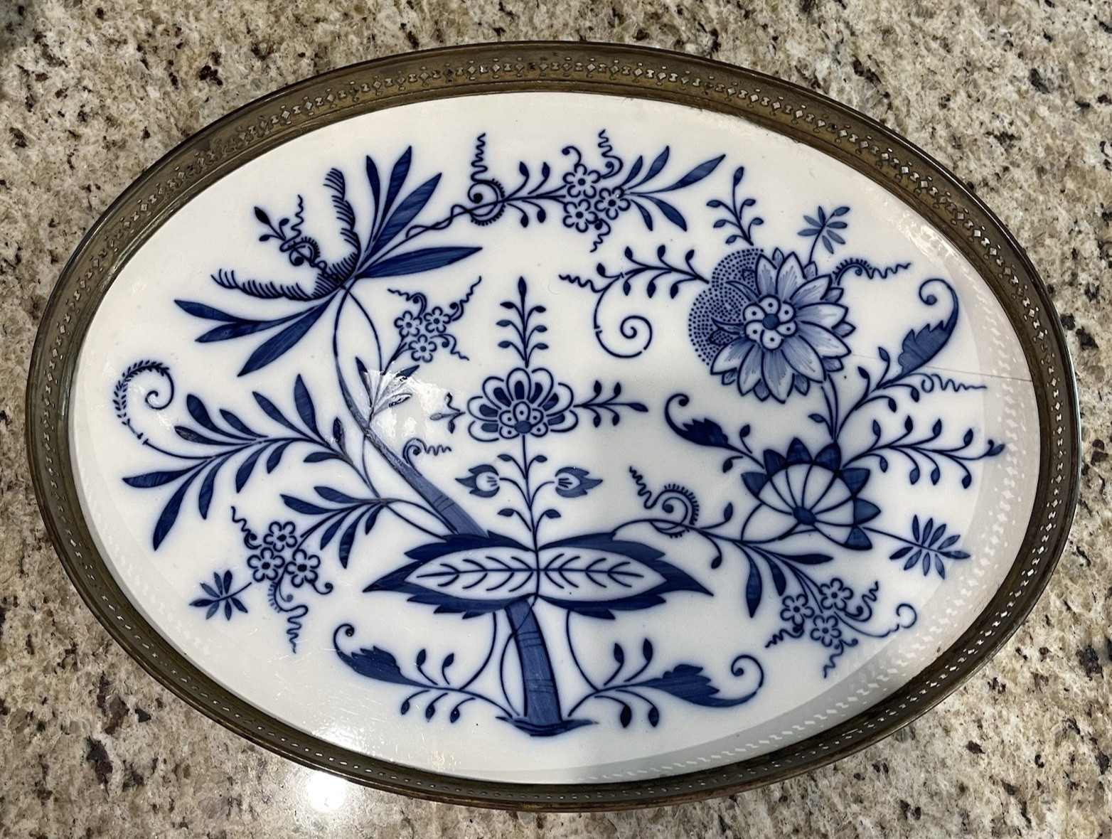 Vtg Porcelain & Metal Oval Serving Tray Blue Danube Meissen Delft Germany READ