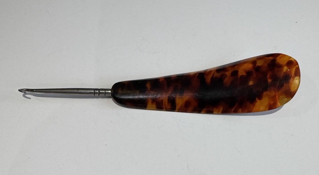 Edwardian c.1910 Boot Button Hook Shoe Horn Multi-Tool Faux Tortoise Celluloid