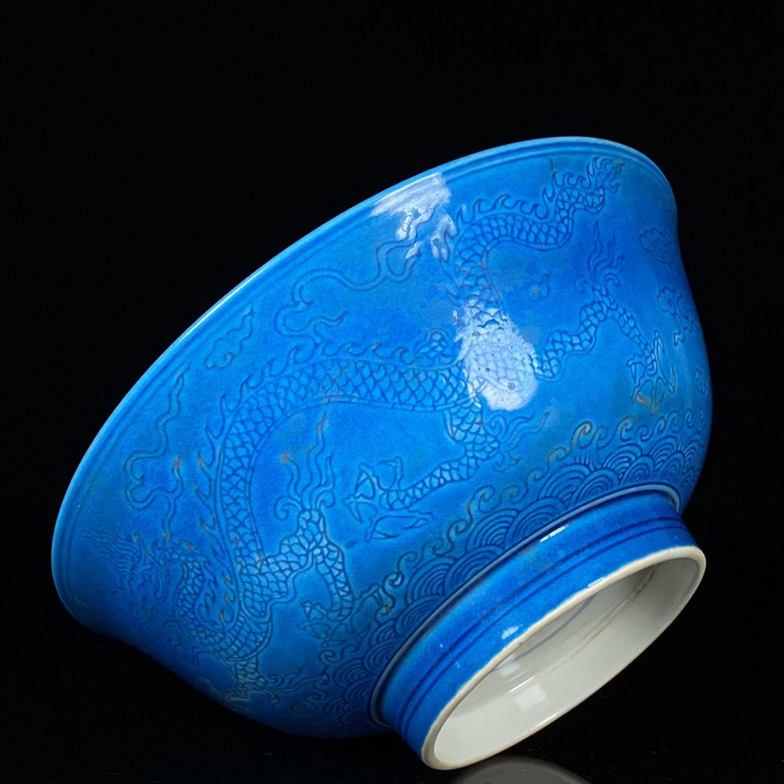 Chinese Blue Glaze Porcelain Handmade Exquisite Dragon Pattern Bowl 111703