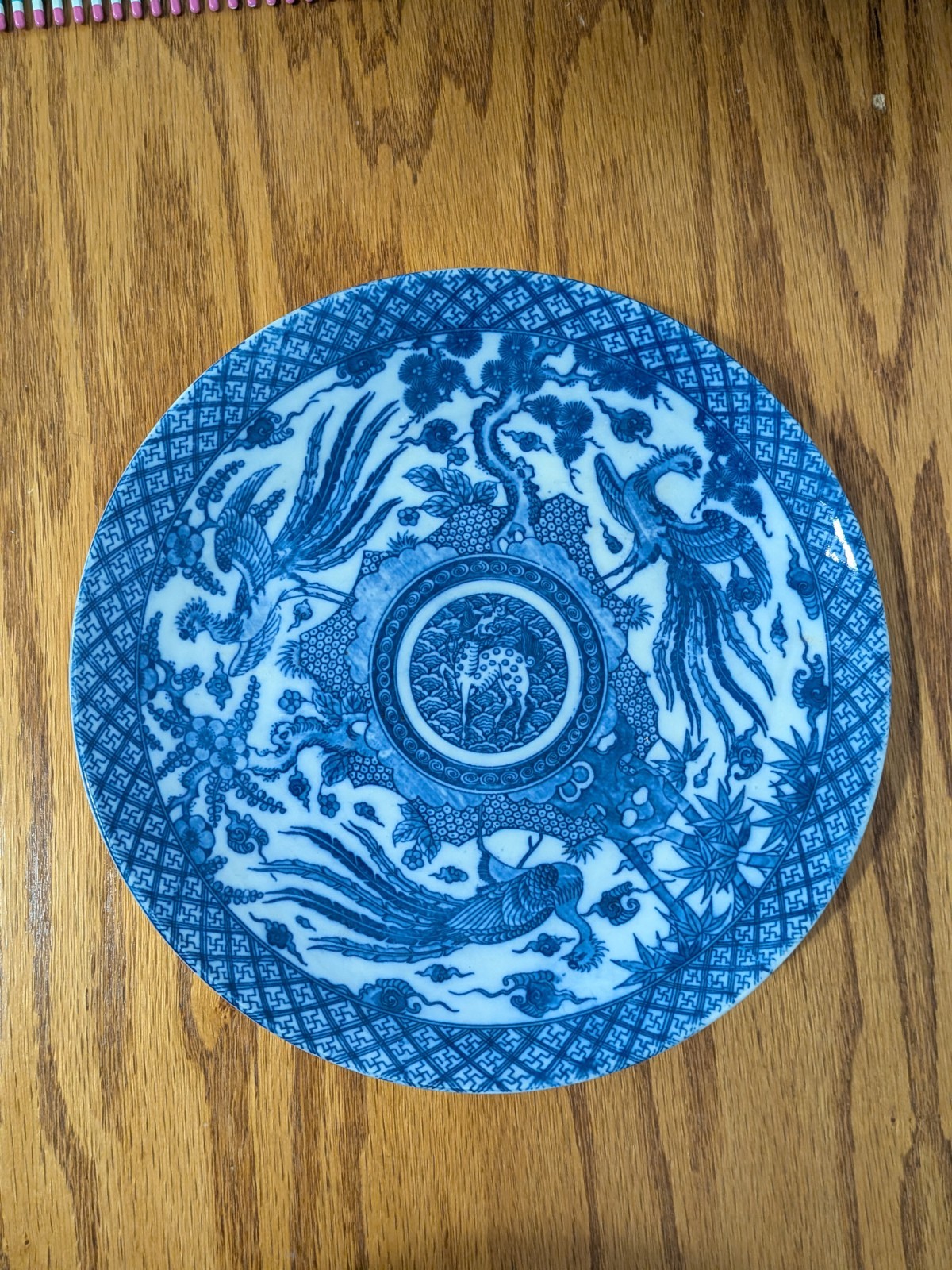 Antique Chinese Blue White Charger Plate Quilin Phoenix Bonsai Flowers Peacock