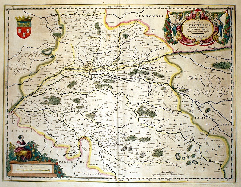 c. 1635 ORIGINAL BLAEU MAP OF TOURAINE-TOURS, N. FRANCE – RED WINE REGION