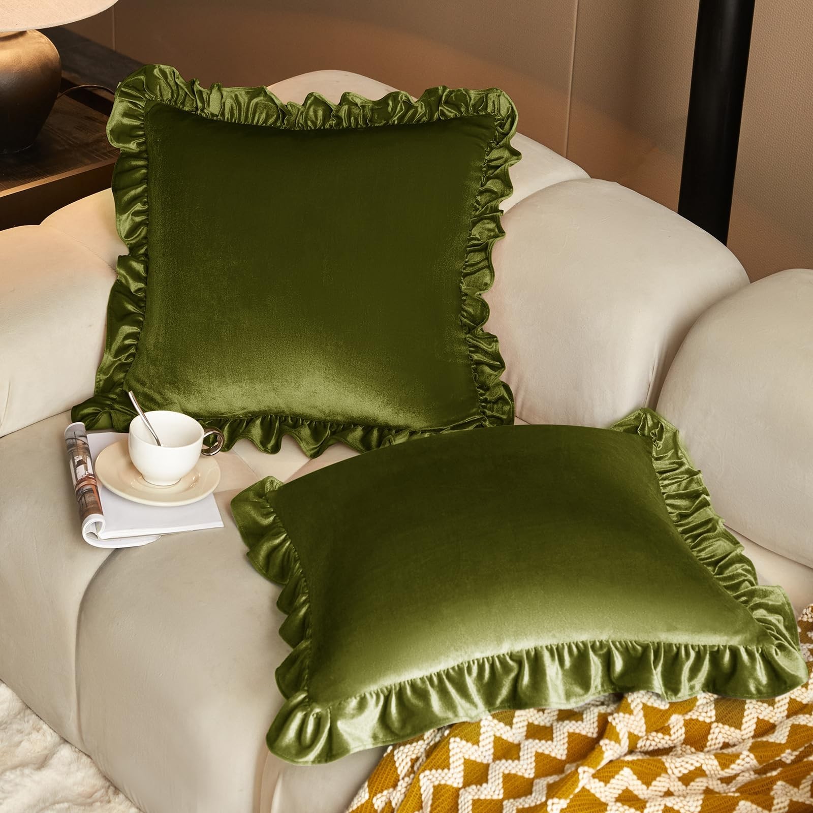 KKJIAF Olive Green Velvet Throw Pillow Covers 18 x 18 Inch Set of 2, Ruffle E…