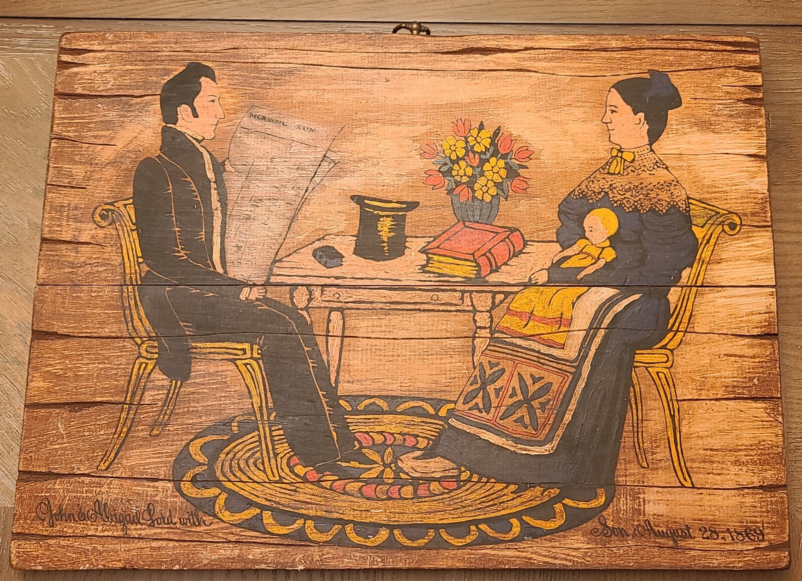 Folk Art Colonial Primitive Wood Wall Decor Pyrography Joseph H. Davis Style