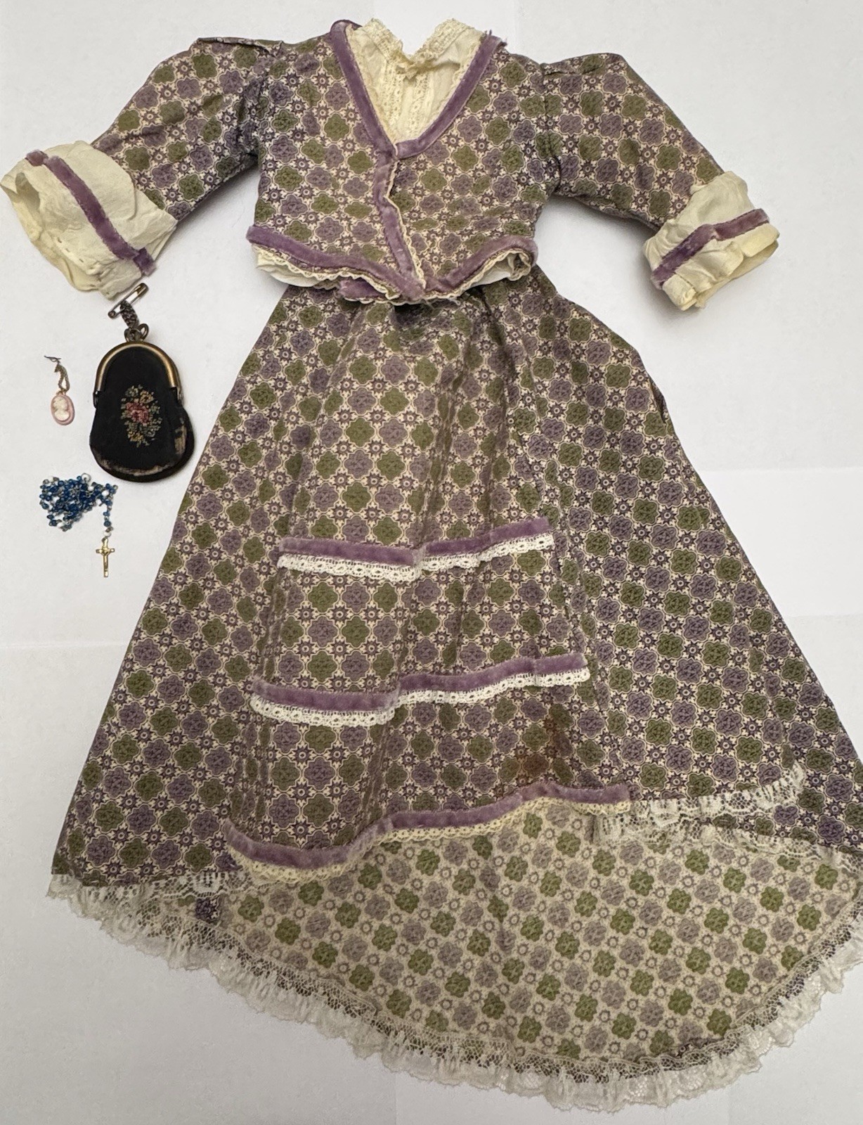 Antique 1870s Bustle Dress Purse, Rosary, Cameo For French Lady China head Doll