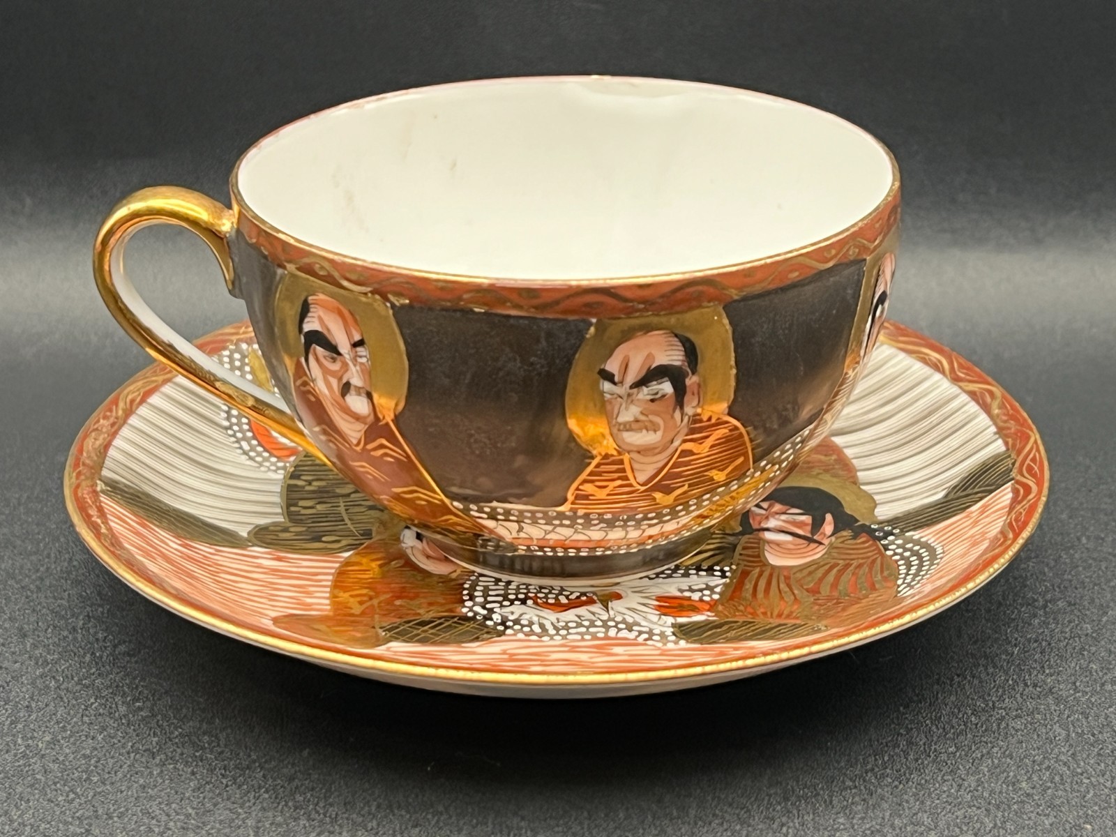 Japanese Kutani-Style Porcelain Black Ground Cup & Saucer | Antique c. 1890-1915