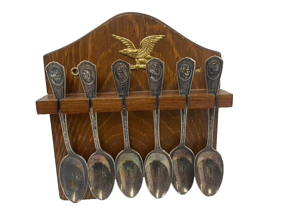 Oneida Community Par Plate Silent Film Actors~Lot of 6 Spoons w/ Display Rack VG