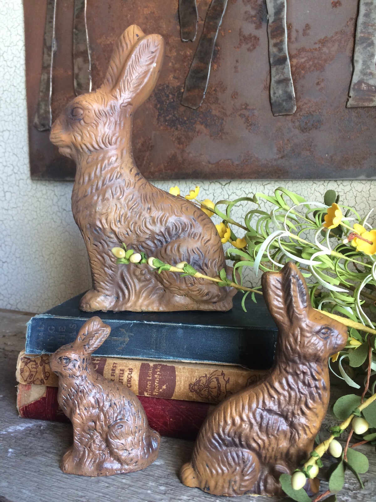 Set of 3 Faux Primitive Chocolate Bunny Rabbit Resin Mold Figurines 3”, 5″, 8″