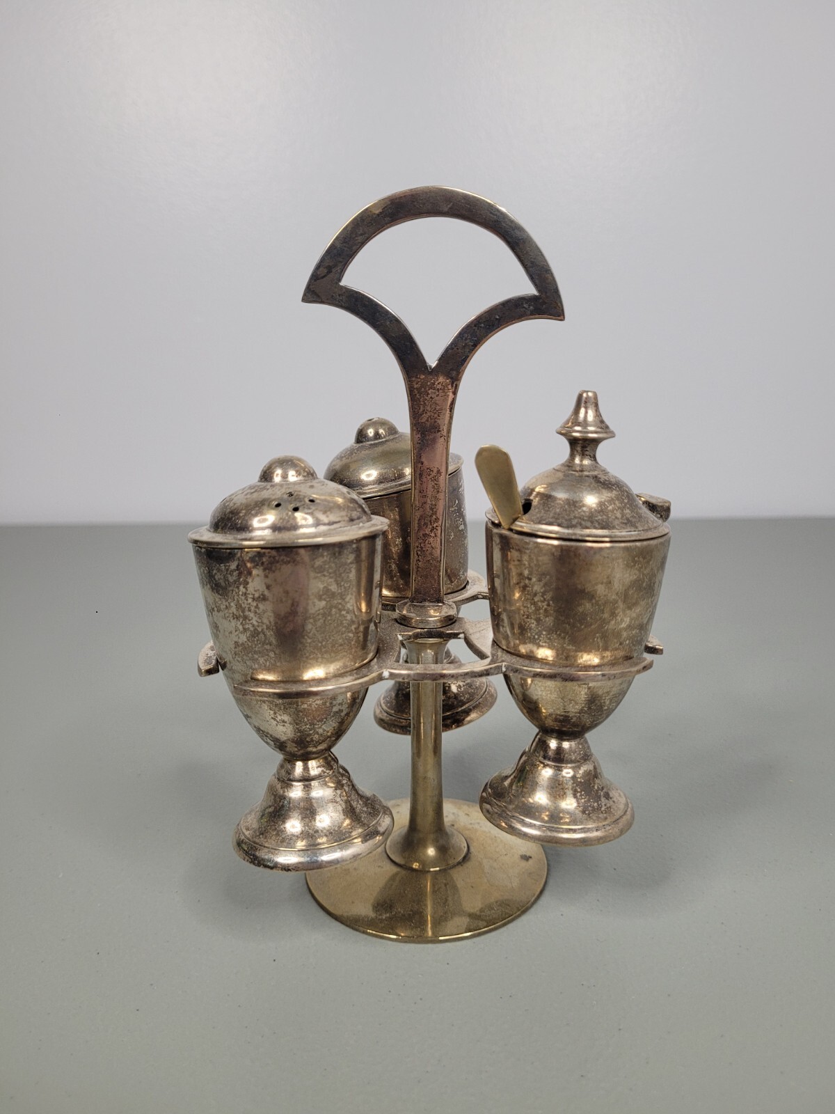 Vintage EPSN Unique Salt & Pepper shakers With Stand Silver Metal