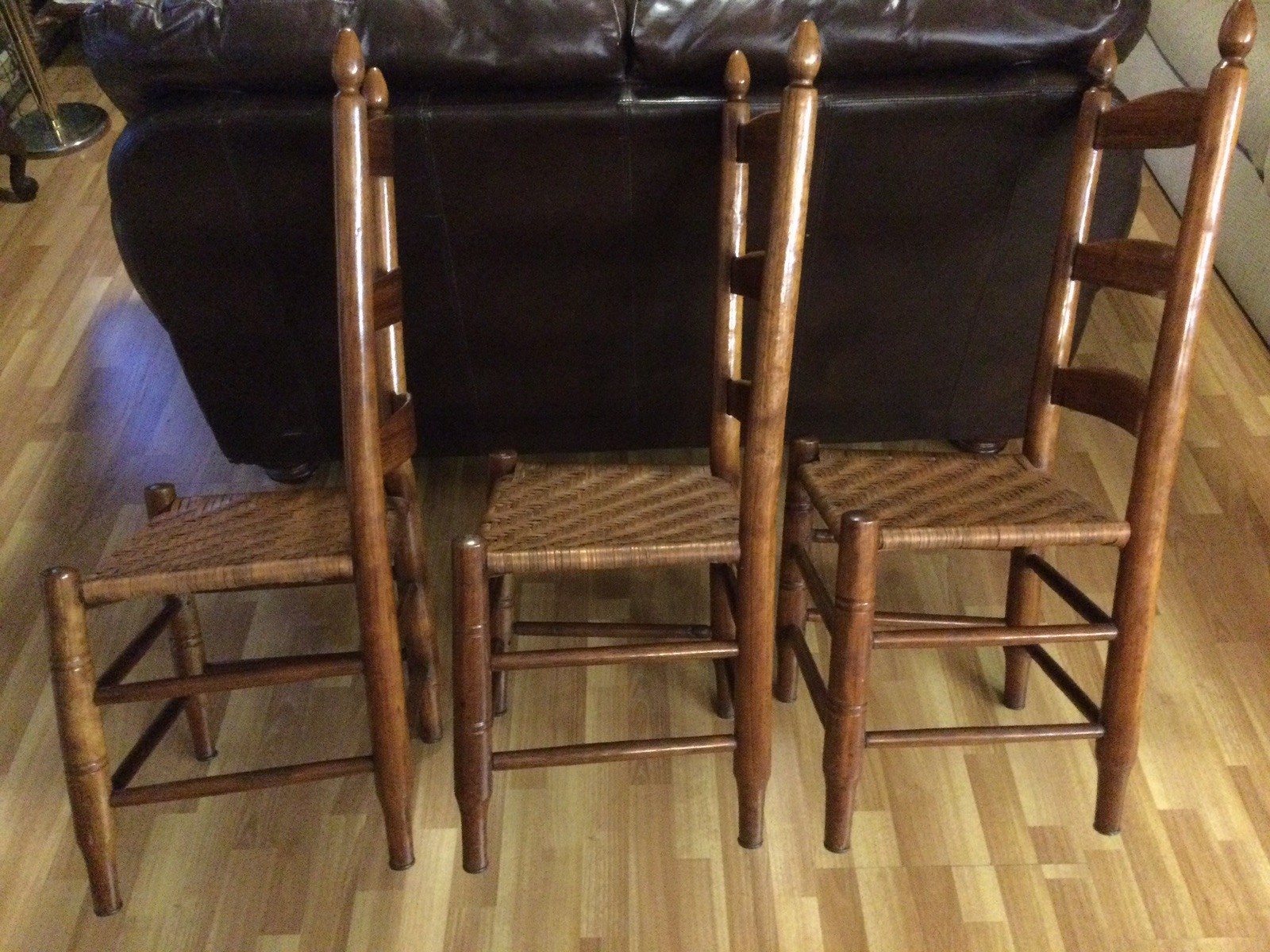 Vintage Lot Of 3 Ladder Back Chairs, Wood, Woven Rush Seats, Unbranded.