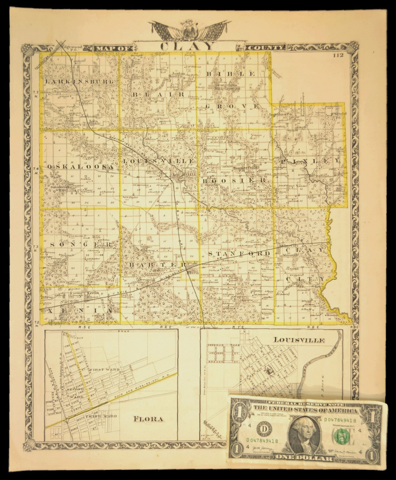 ca 1876 CLAY COUNTY Illinois Map Flora Harter Township Louisville O&M Railway