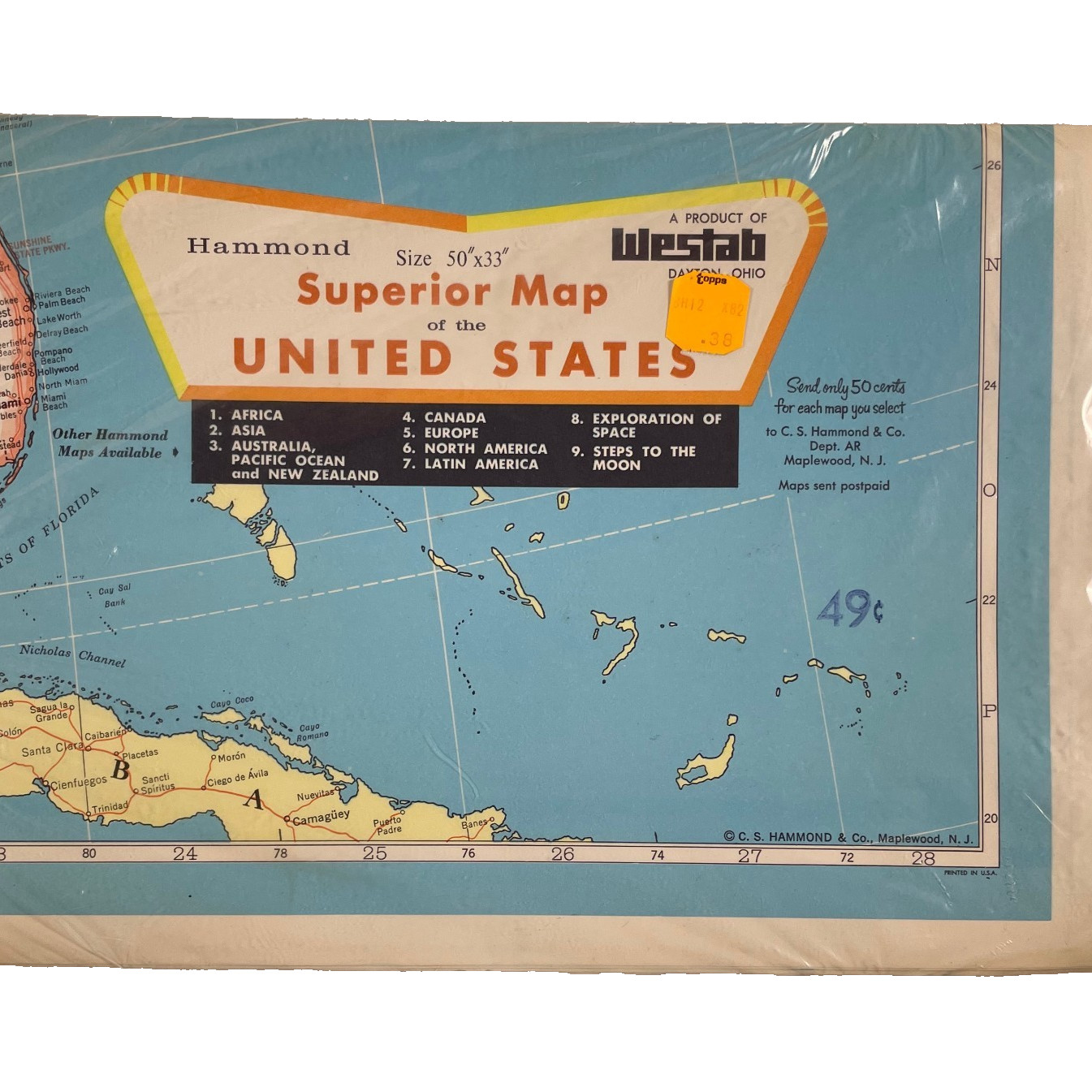 sealed Vintage Hammond’s Superior MAP of the UNITED STATES 50″ x 33″ + World map