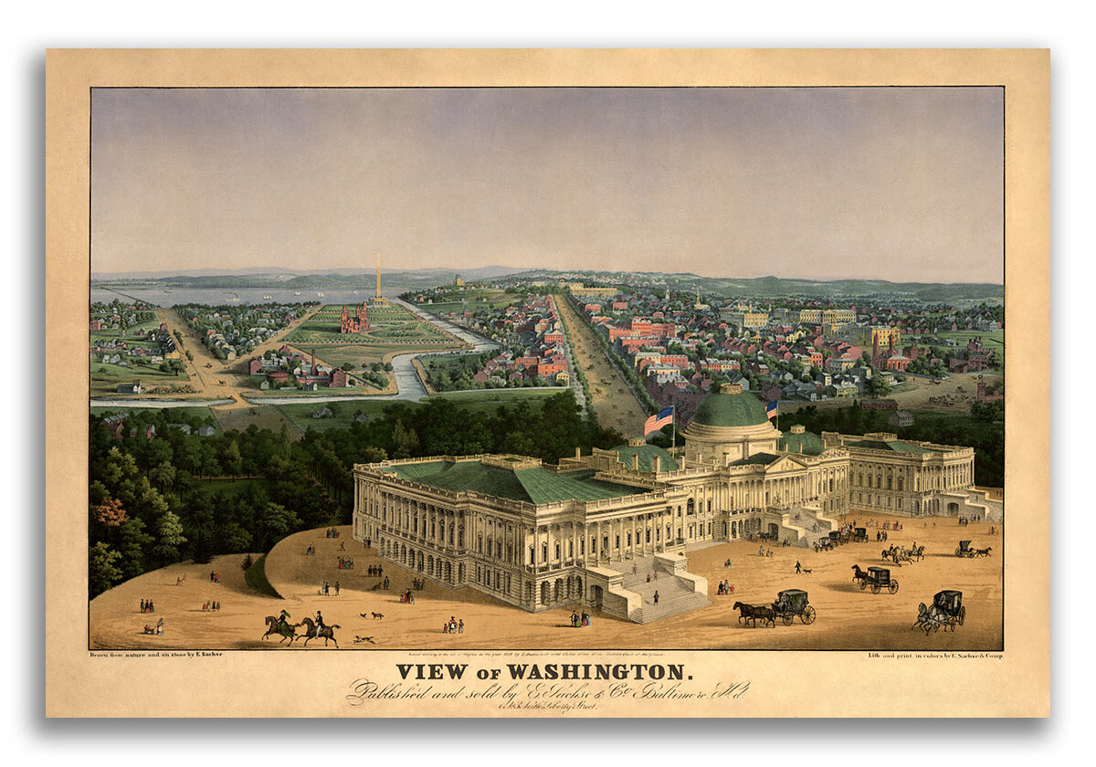 Bird’s Eye View 1852 Washington DC Vintage Style City Map – 16×24