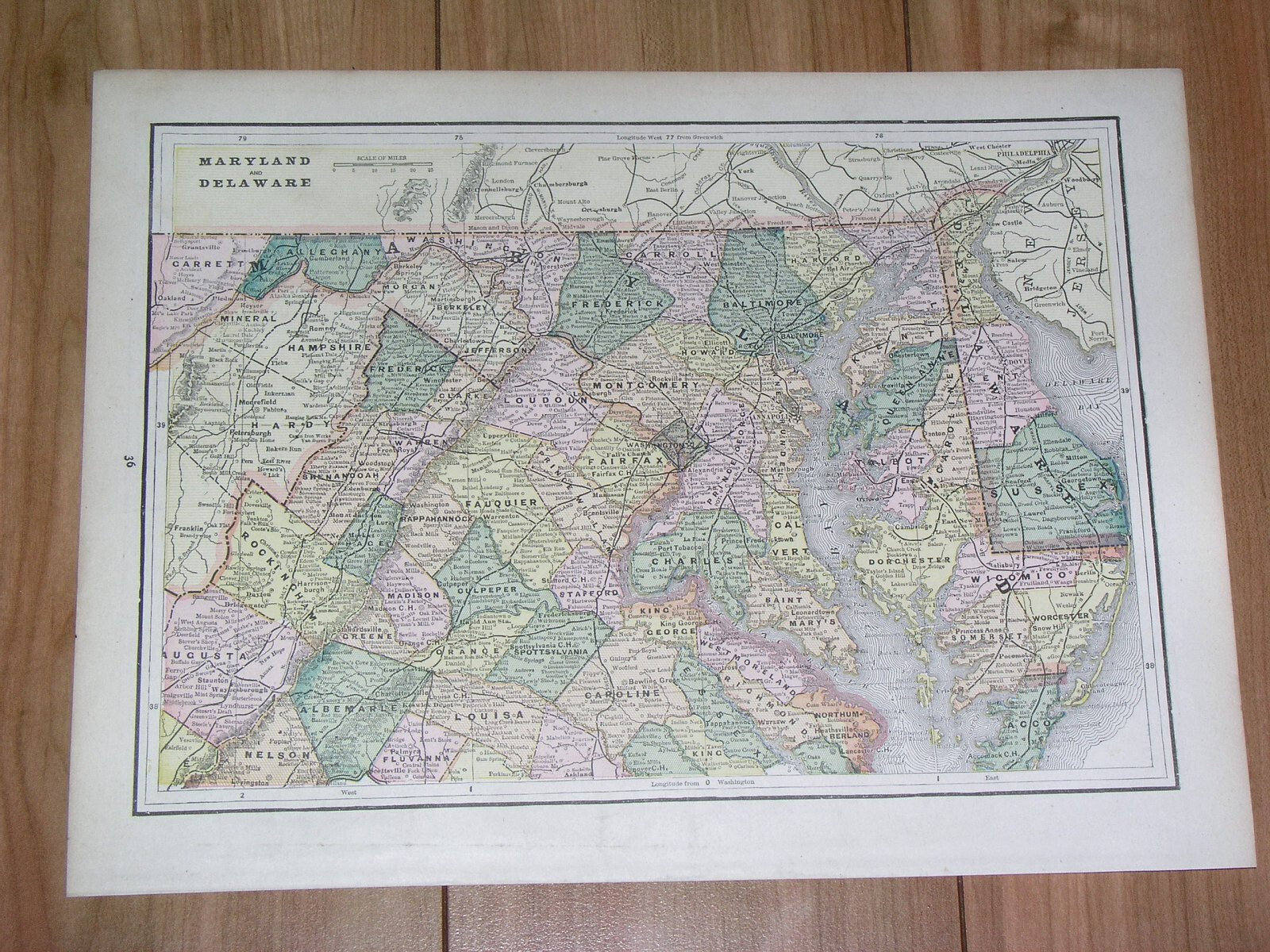 1896 ORIGINAL ANTIQUE MAP OF MARYLAND DELAWARE WASHINGTON D.C.