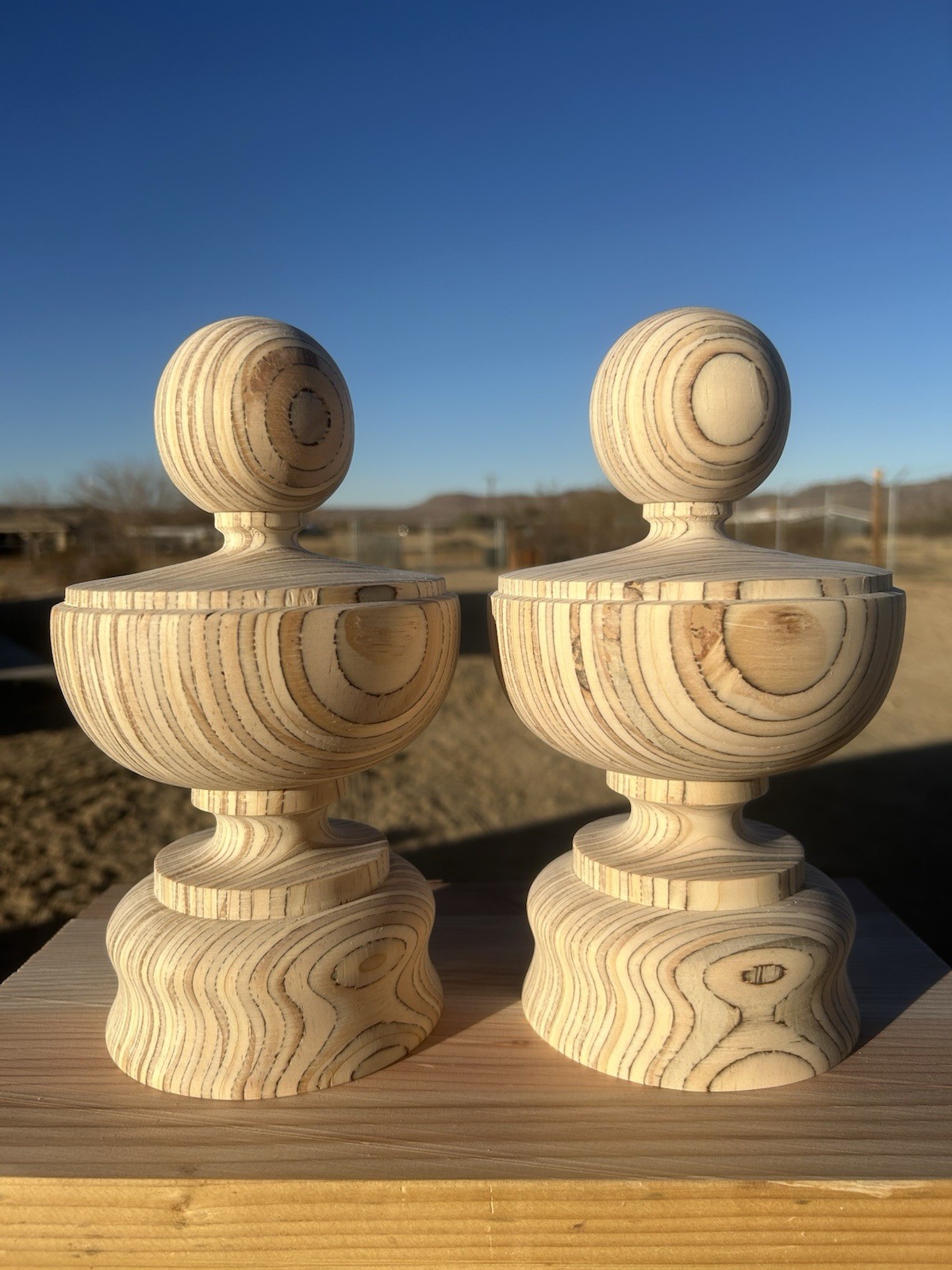 Large Birch Plywood Royalty Finial, 5 1/4” Diameter. Set Of Two.