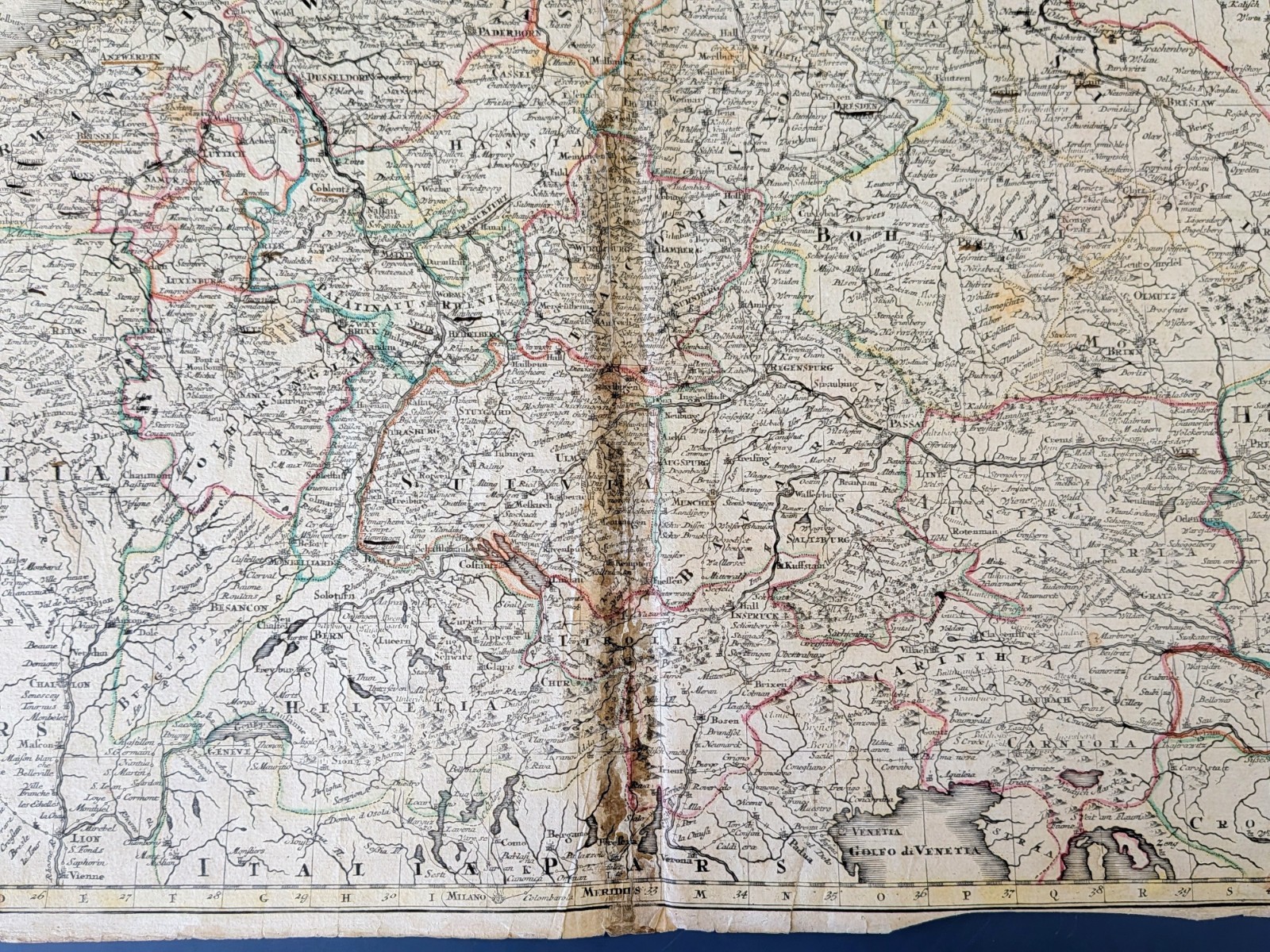 Postarum..Germaniam Seutter Germany Postal Route Map 18thC Original Hand Color