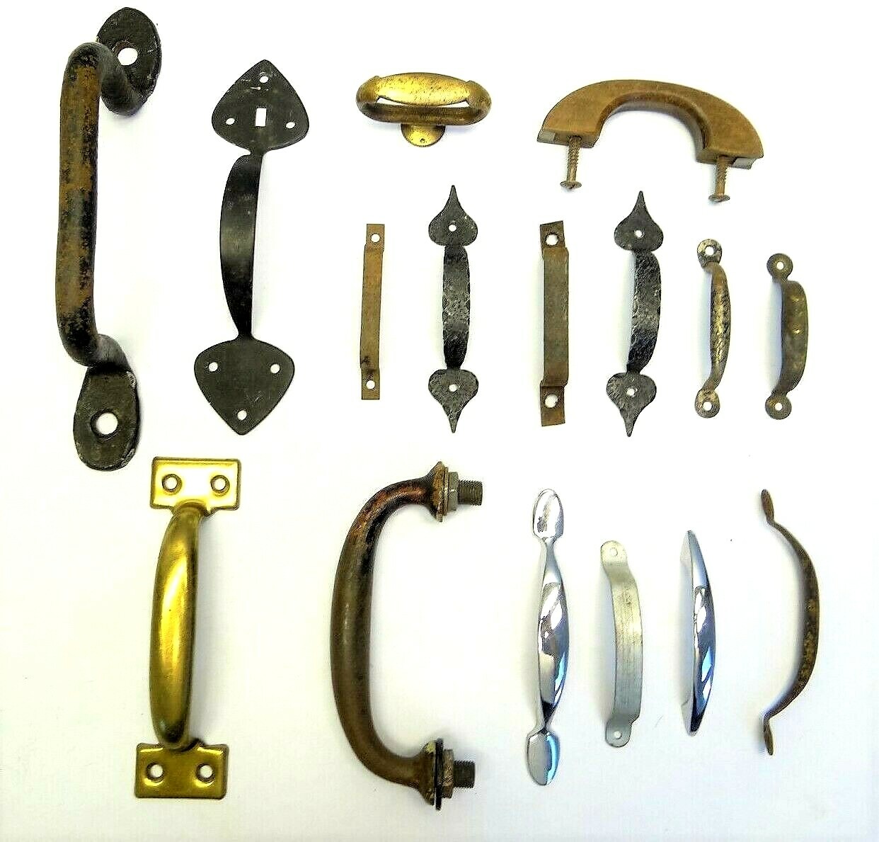Antique Vintage Mixed Lot Wood Metal Iron Brass Cabinet Door Pulls Handles Parts