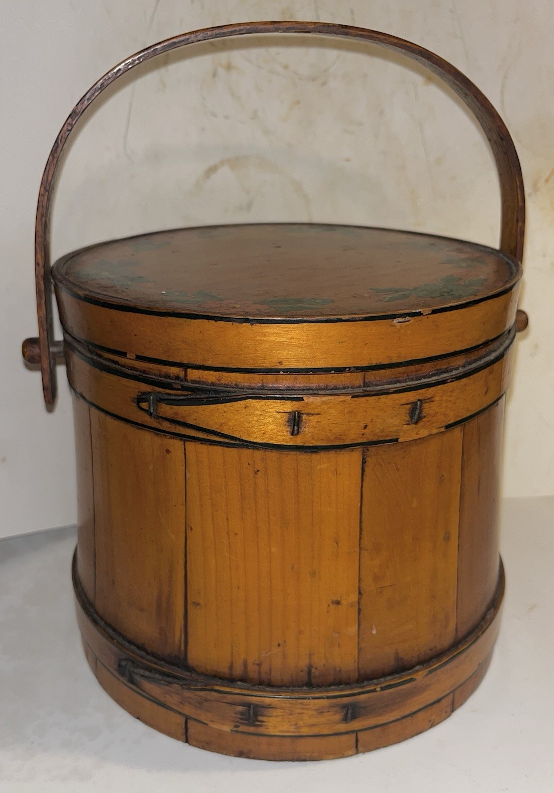 Nice Primitive Wooden SUGAR Firkin Bucket w/Lid Old Finish Antique