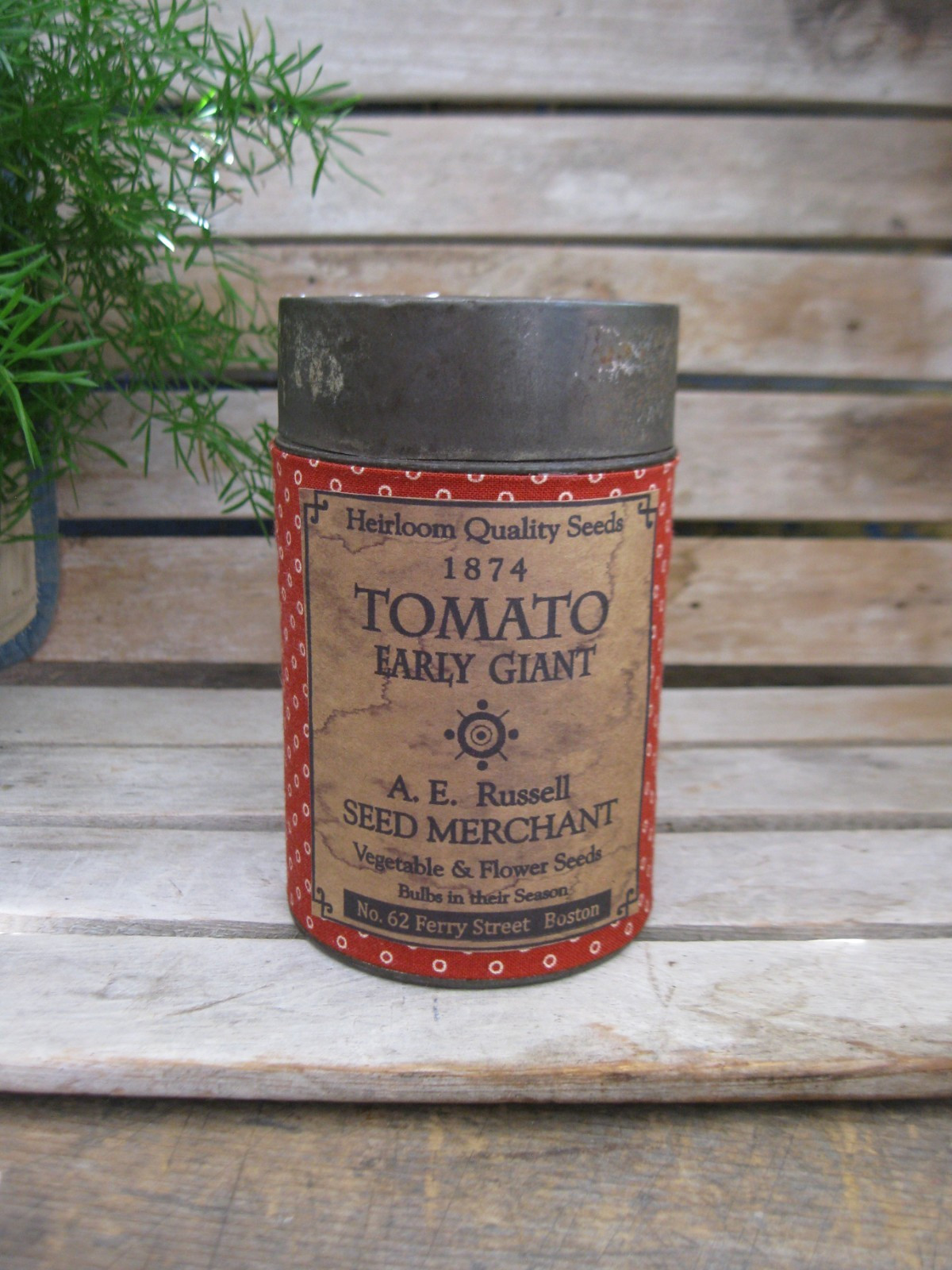 Antique Pantry Tin Red Calico Tomato Seed Label