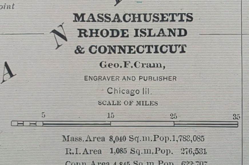 Vintage 1883 MASSACHUSETTS RHODE ISLAND CONNECTICUT Map 13″x11 Antique Original