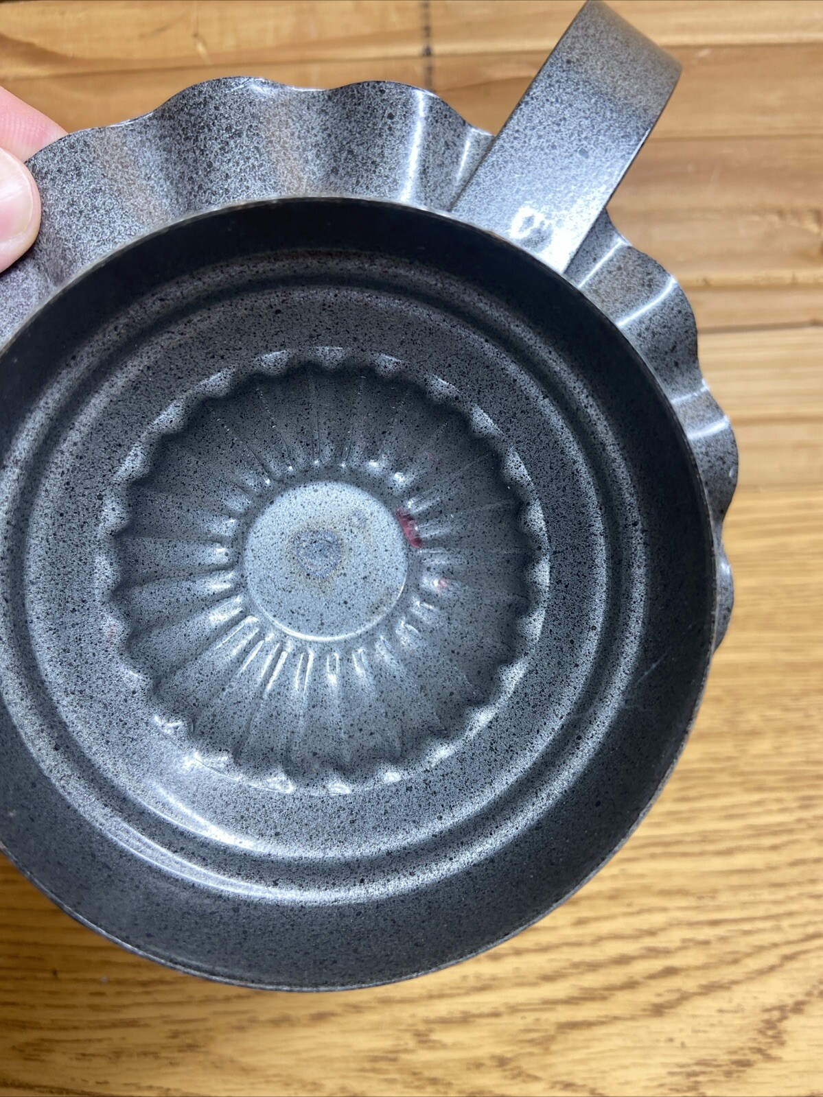 VINTAGE PUNCHED TIN 7″ CANDLE HOLDER W/ FINGER LOOP & STAR PATTERN