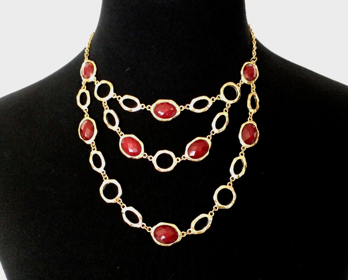 Vintage Costume Necklace 3 Strands Gold Tone Chain 1″ Dark Red Faceted Beads