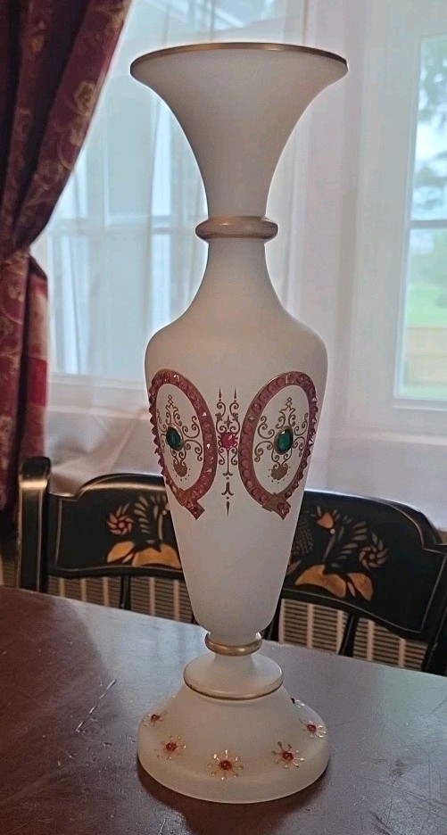 Antique Bristol Style Art Glass Vase Jeweled Gold Gilt Opaque White Clambroth
